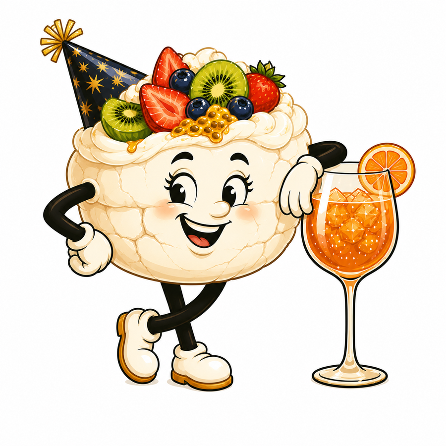 Party Pavlova cocktail character holding an Ambra spritz.