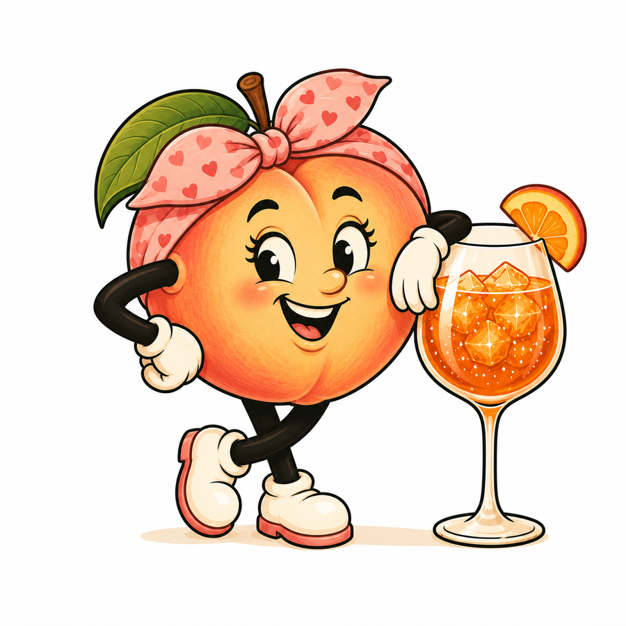 Peach Perfect cocktail character holding an Ambra spritz.