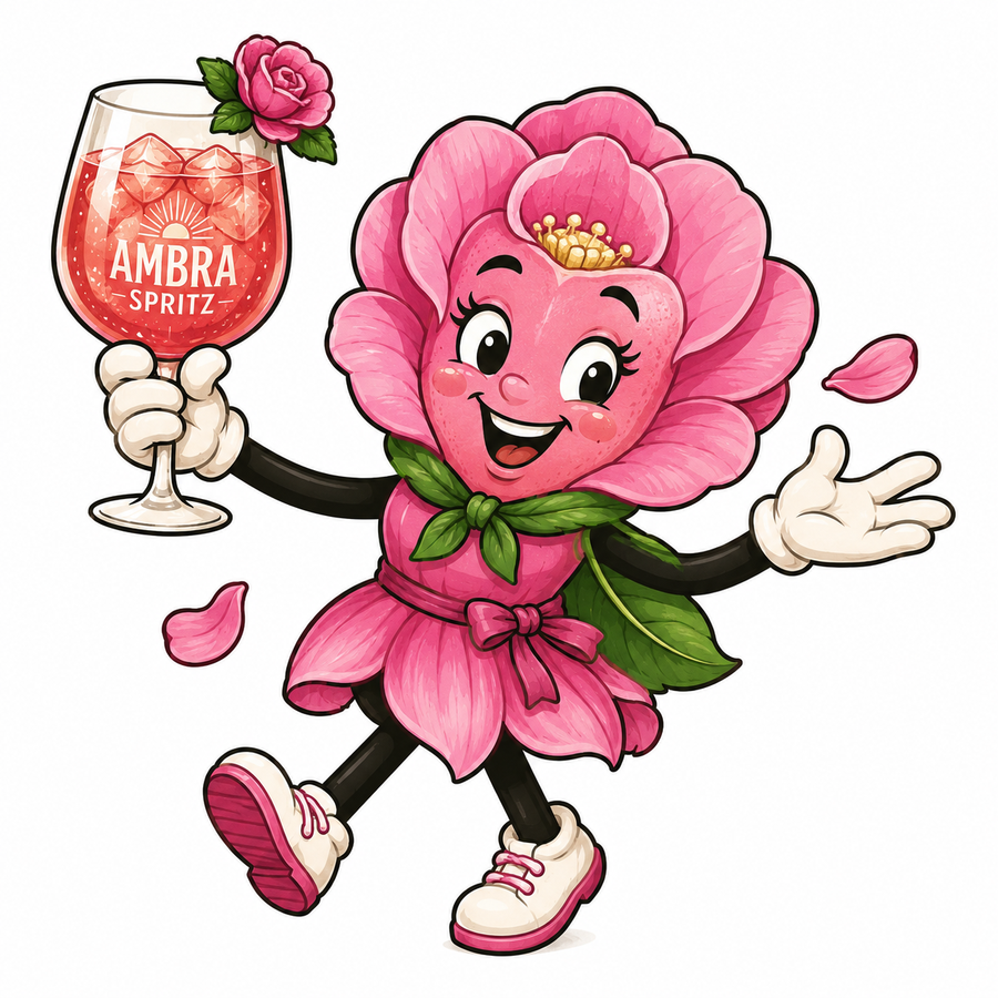 Playful Petals cocktail character holding an Ambra spritz.