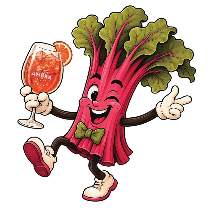 Rambunctious Rhubarb cocktail character holding an Ambra spritz.