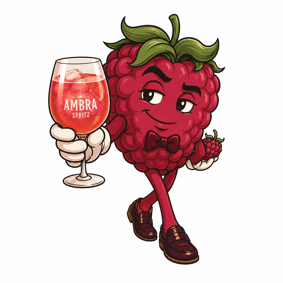 Roguish Raspberry cocktail character holding an Ambra spritz.