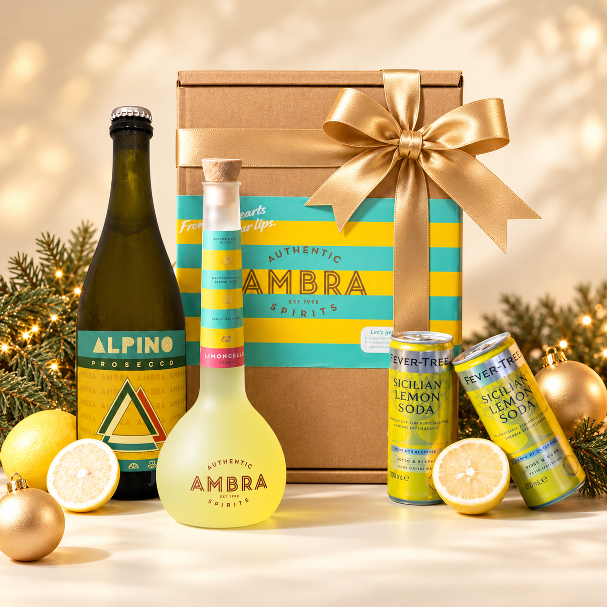 Ambra Limoncello Spritz Gift Box styled for Christmas with a gold bow