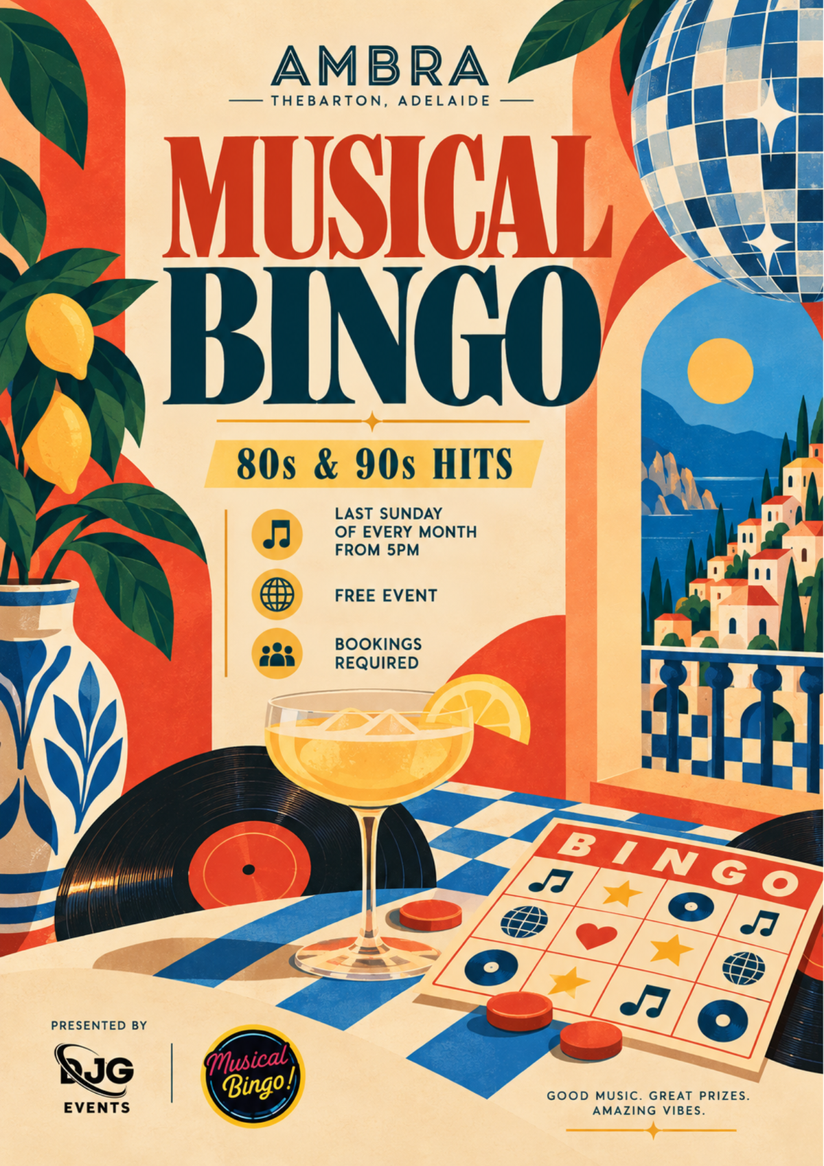 Musical Bingo: 80s and 90s hits, last Sunday of each month from 5pm. Free event; bookings required.