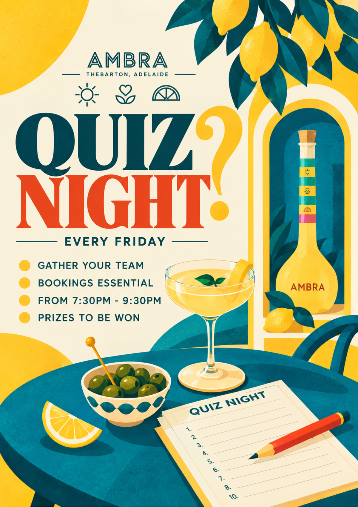Ambra Quiz Night poster: every Friday, 7.30pm to 9.30pm, bookings essential.