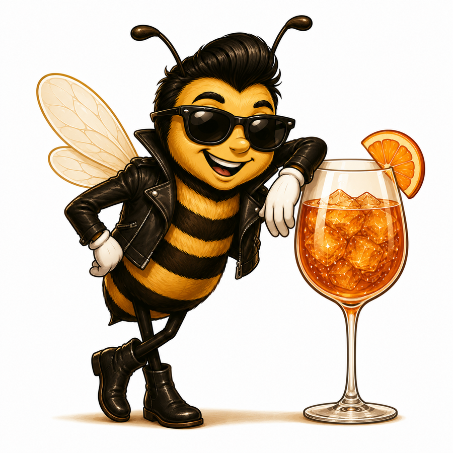 Bodacious Bee cocktail character holding an Ambra spritz.