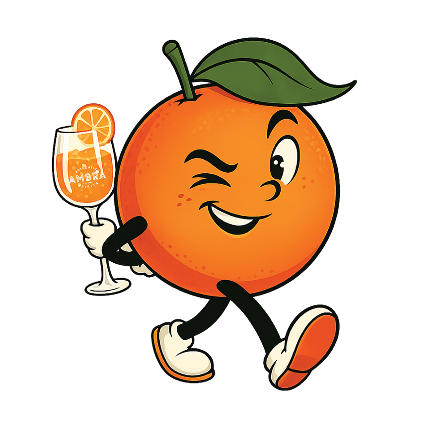 Mischievous Mandarin cocktail character holding an Ambra spritz.