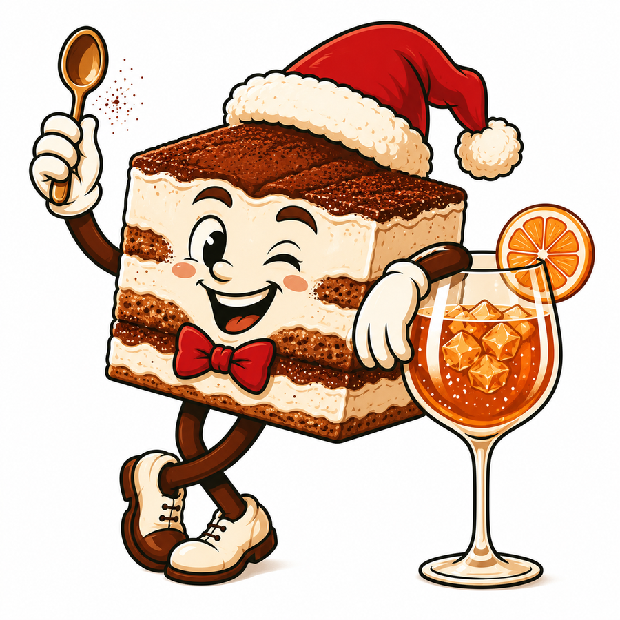 Tipsy Tiramisu cocktail character holding an Ambra spritz.
